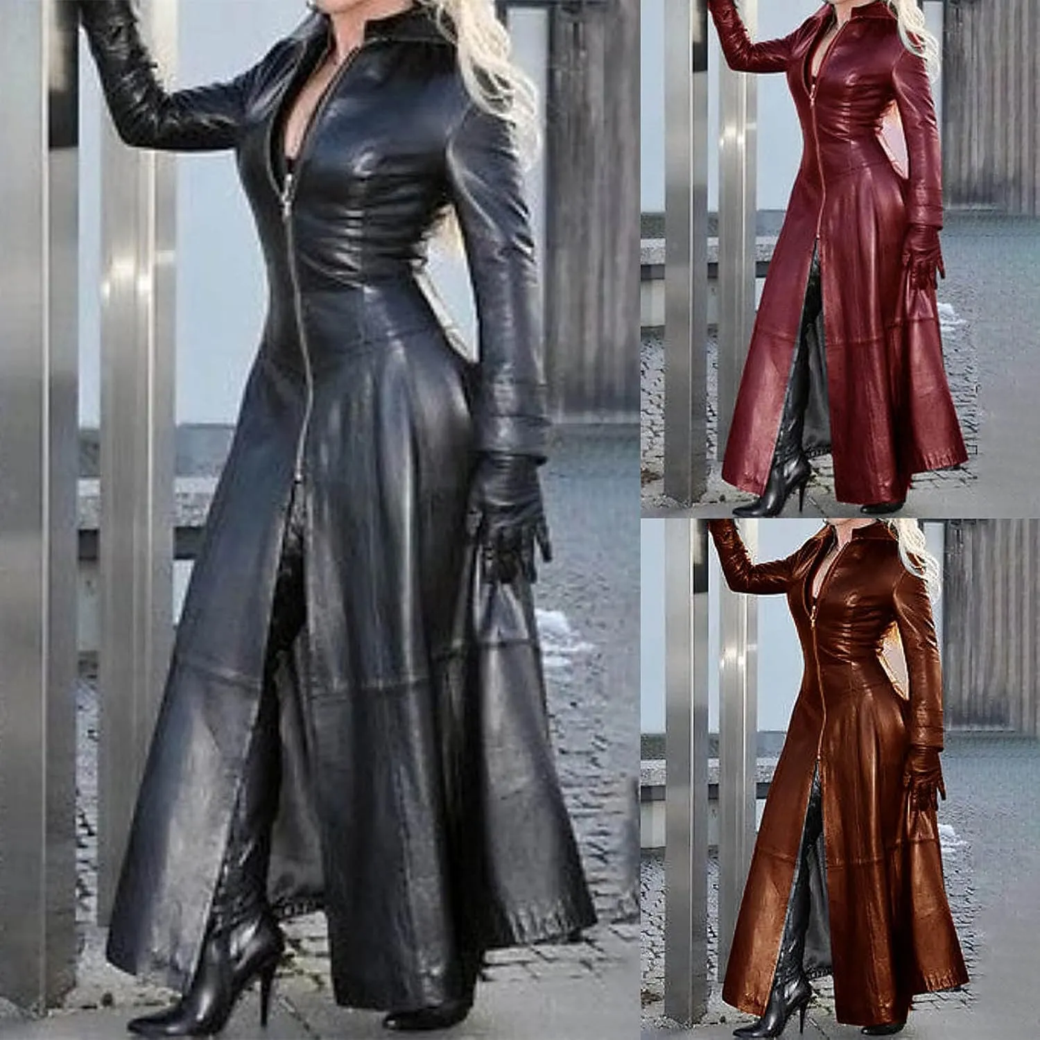 Womens Faux Leather Jacket Fashion Sexy Long Pu Moto Jackets Fall Plus Size Zipper Slim Fit Mock Neck Trench Coats