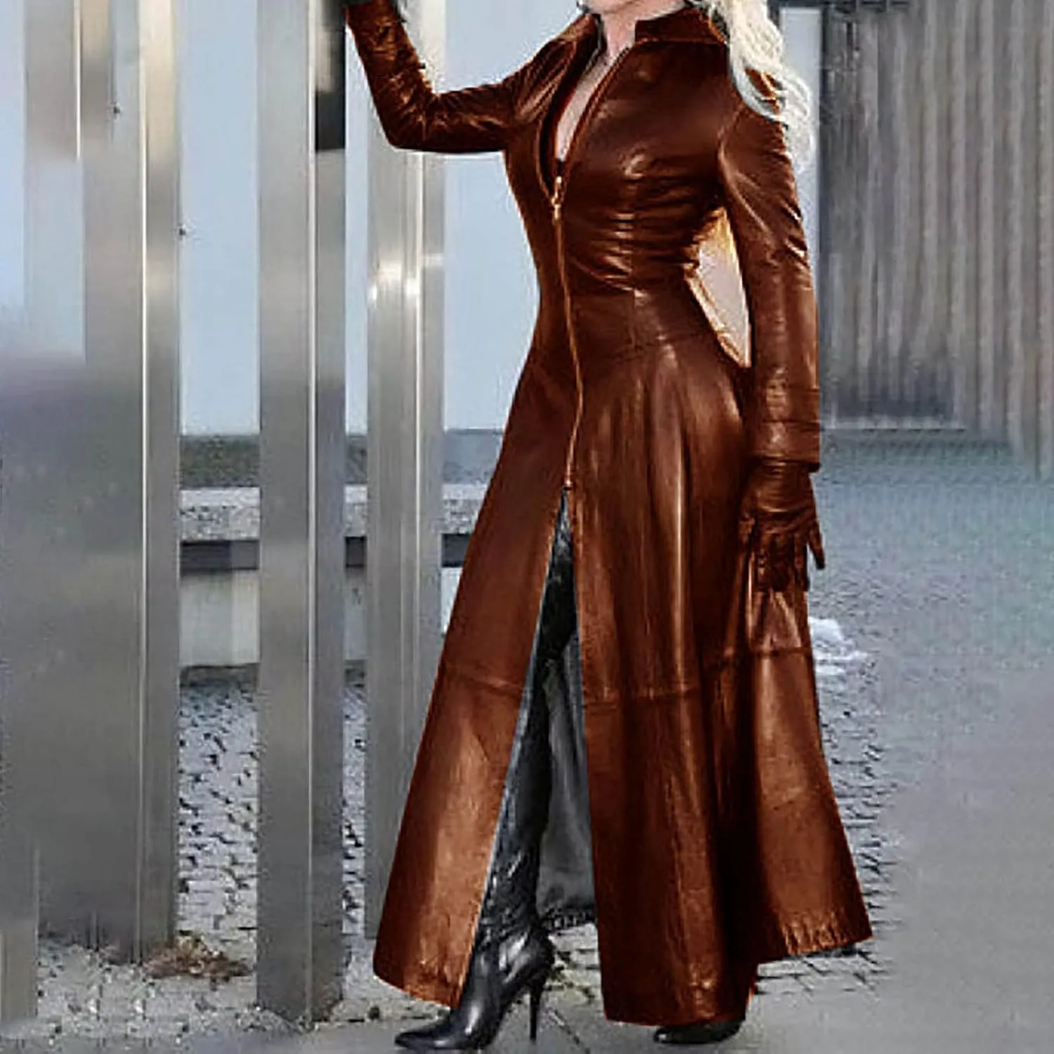 Womens Faux Leather Jacket Fashion Sexy Long Pu Moto Jackets Fall Plus Size Zipper Slim Fit Mock Neck Trench Coats
