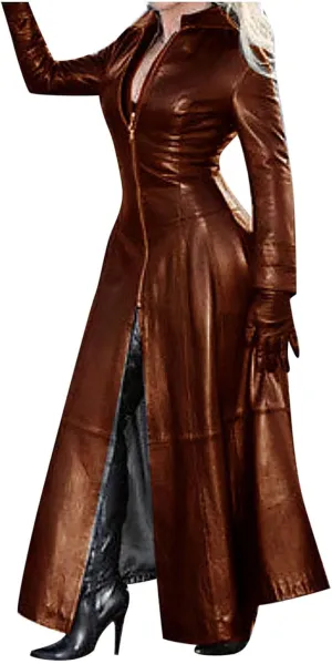 Womens Faux Leather Jacket Fashion Sexy Long Pu Moto Jackets Fall Plus Size Zipper Slim Fit Mock Neck Trench Coats