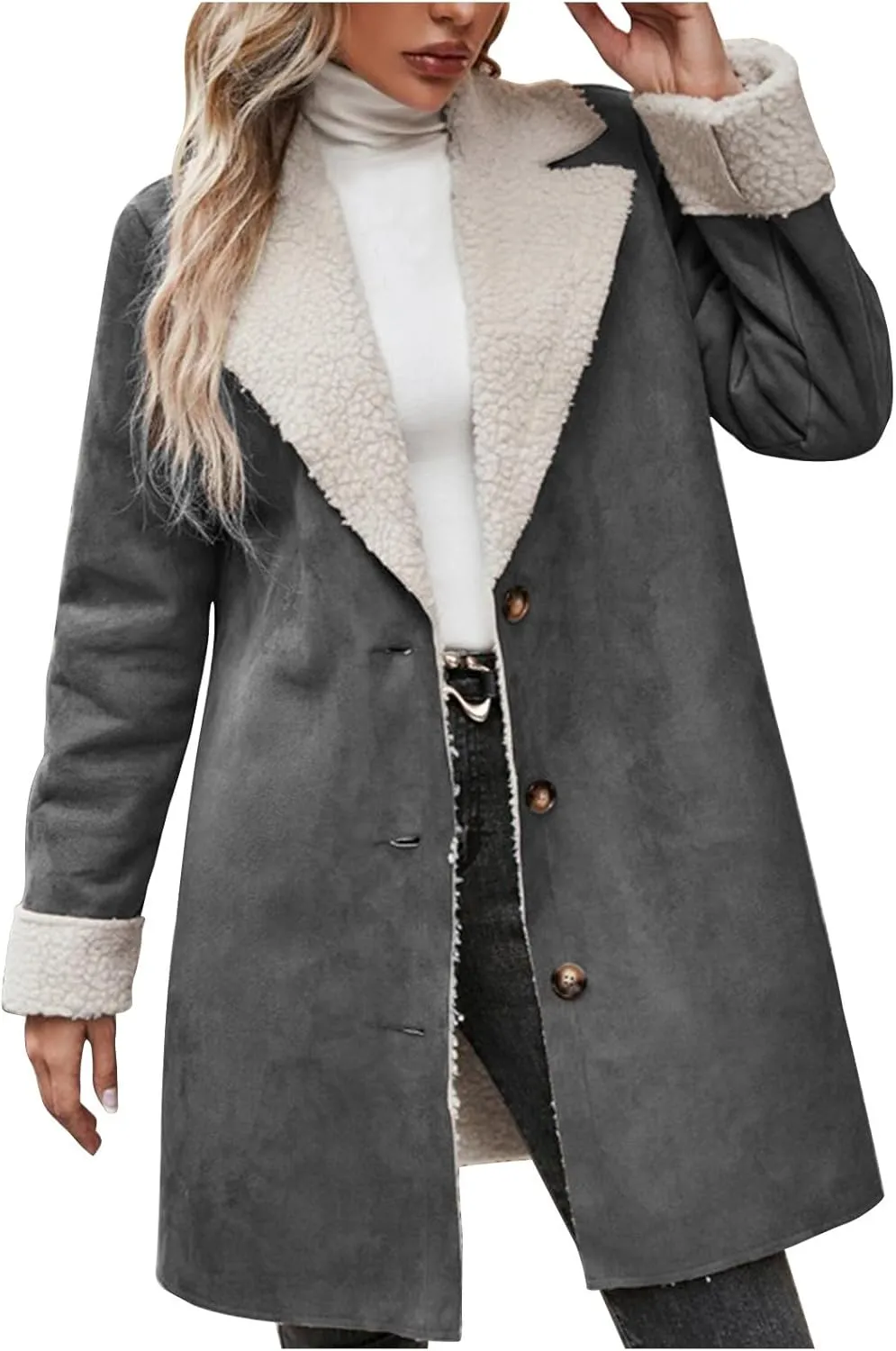 Womens Faux Suede Trench Coats Fuzzy Sherpa Lined Long Jackets Notched Lapel Button Down Winter Warm Outerwear