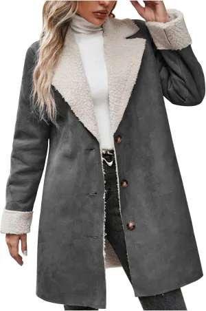 Womens Faux Suede Trench Coats Fuzzy Sherpa Lined Long Jackets Notched Lapel Button Down Winter Warm Outerwear