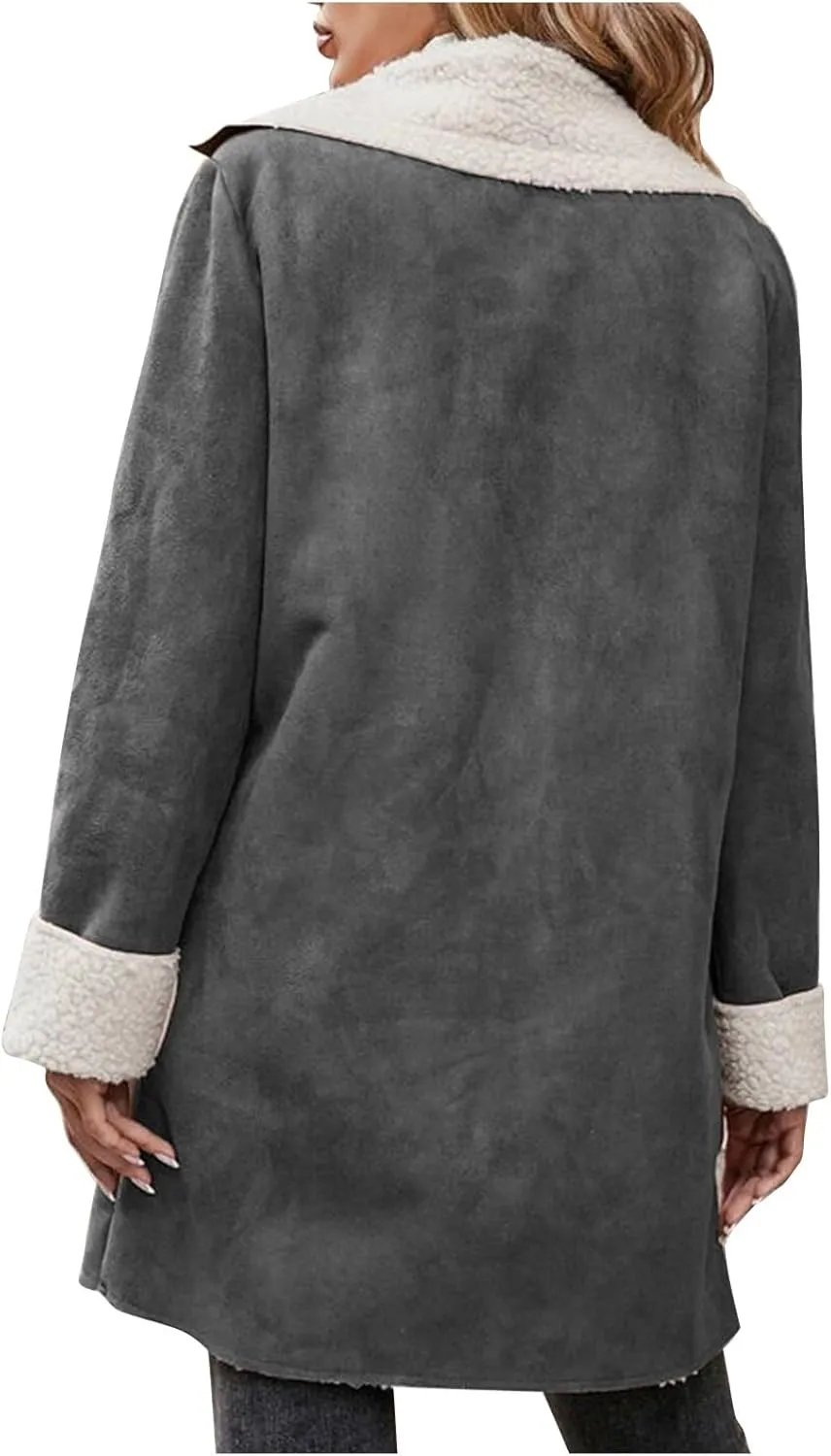 Womens Faux Suede Trench Coats Fuzzy Sherpa Lined Long Jackets Notched Lapel Button Down Winter Warm Outerwear