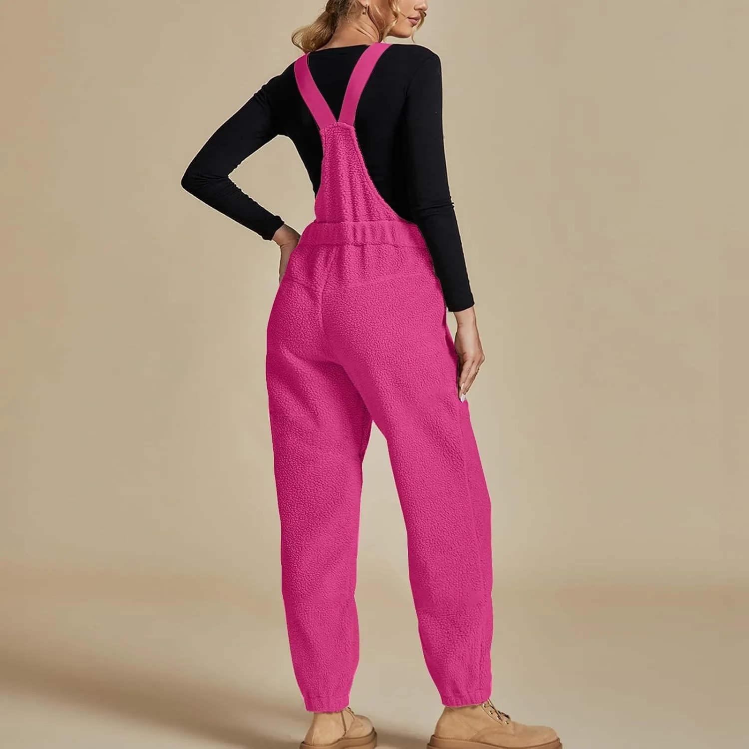 Women's Fleece Warm Overalls, Winter Teddy Sleeveless Jumpsuit, Loose Casual Warm Fuzzy Bib Lounge Pant with Pockets