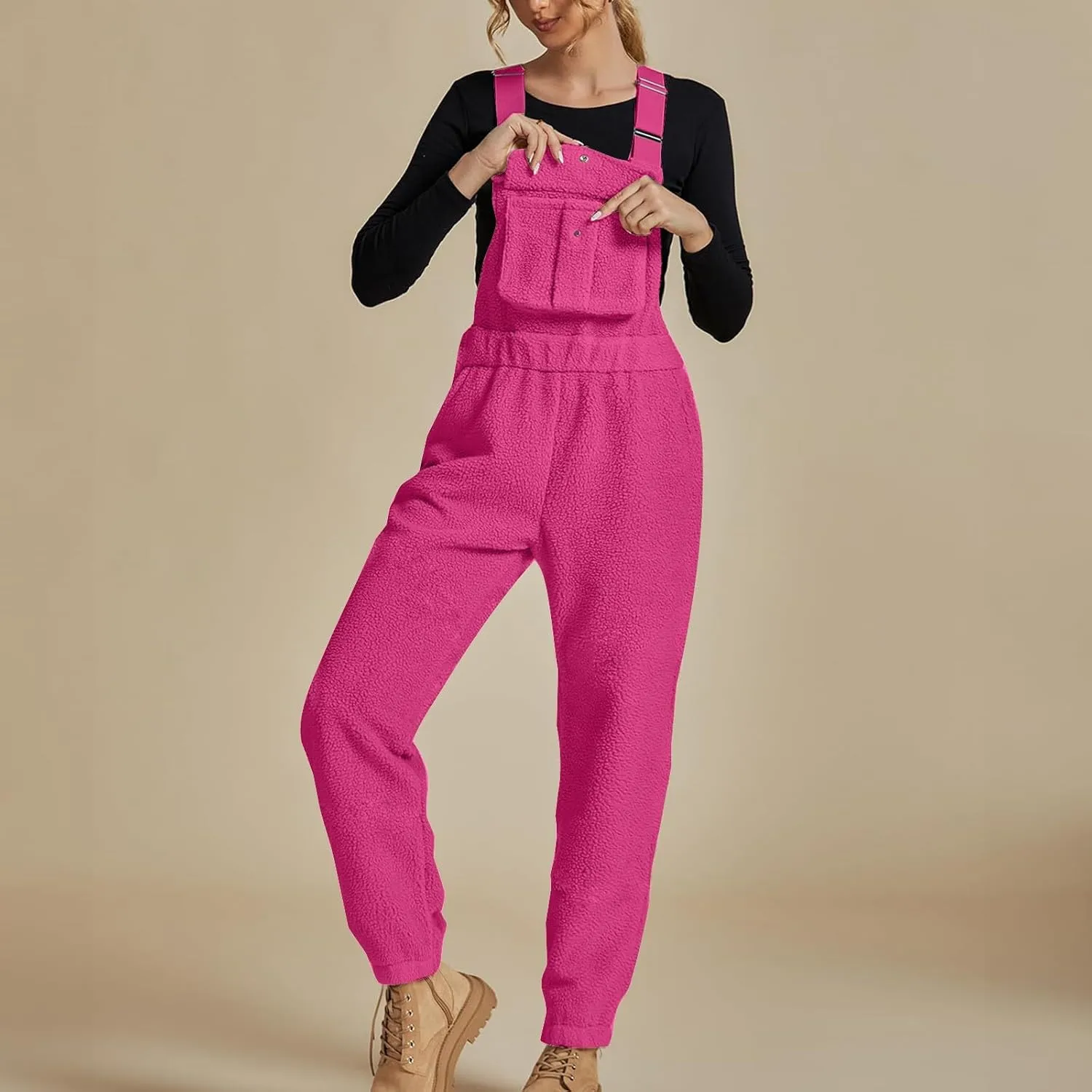 Women's Fleece Warm Overalls, Winter Teddy Sleeveless Jumpsuit, Loose Casual Warm Fuzzy Bib Lounge Pant with Pockets