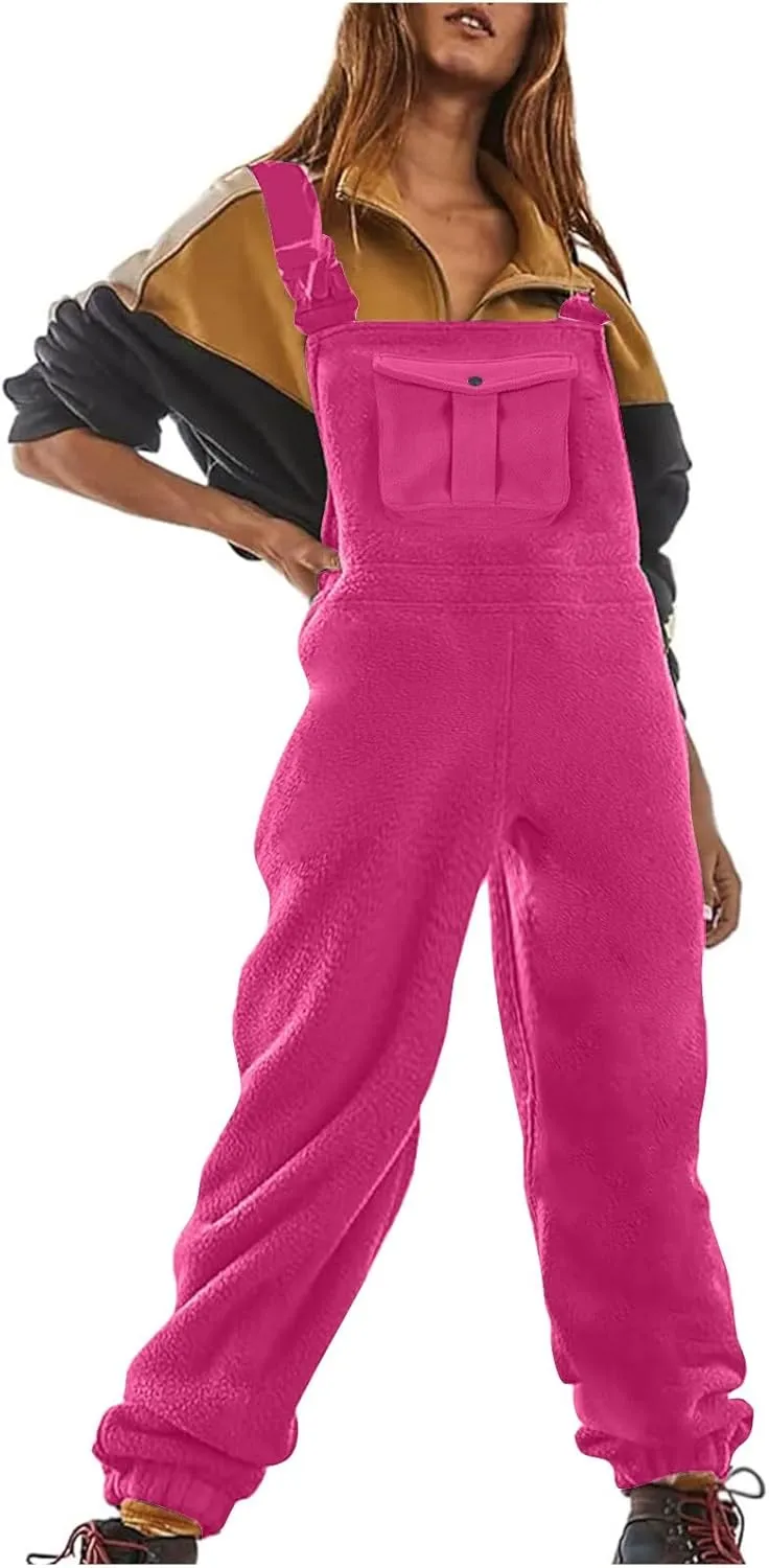 Women's Fleece Warm Overalls, Winter Teddy Sleeveless Jumpsuit, Loose Casual Warm Fuzzy Bib Lounge Pant with Pockets