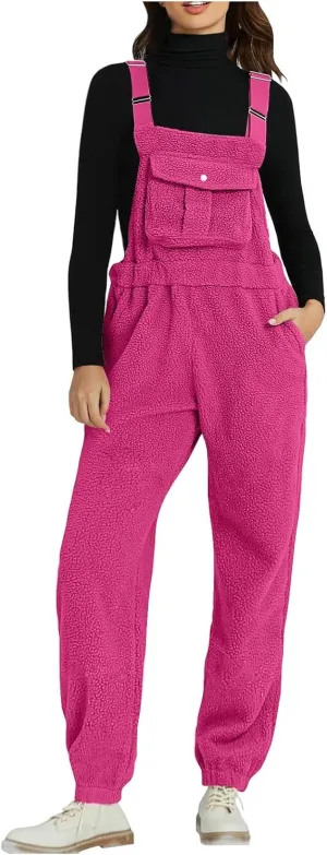 Women's Fleece Warm Overalls, Winter Teddy Sleeveless Jumpsuit, Loose Casual Warm Fuzzy Bib Lounge Pant with Pockets