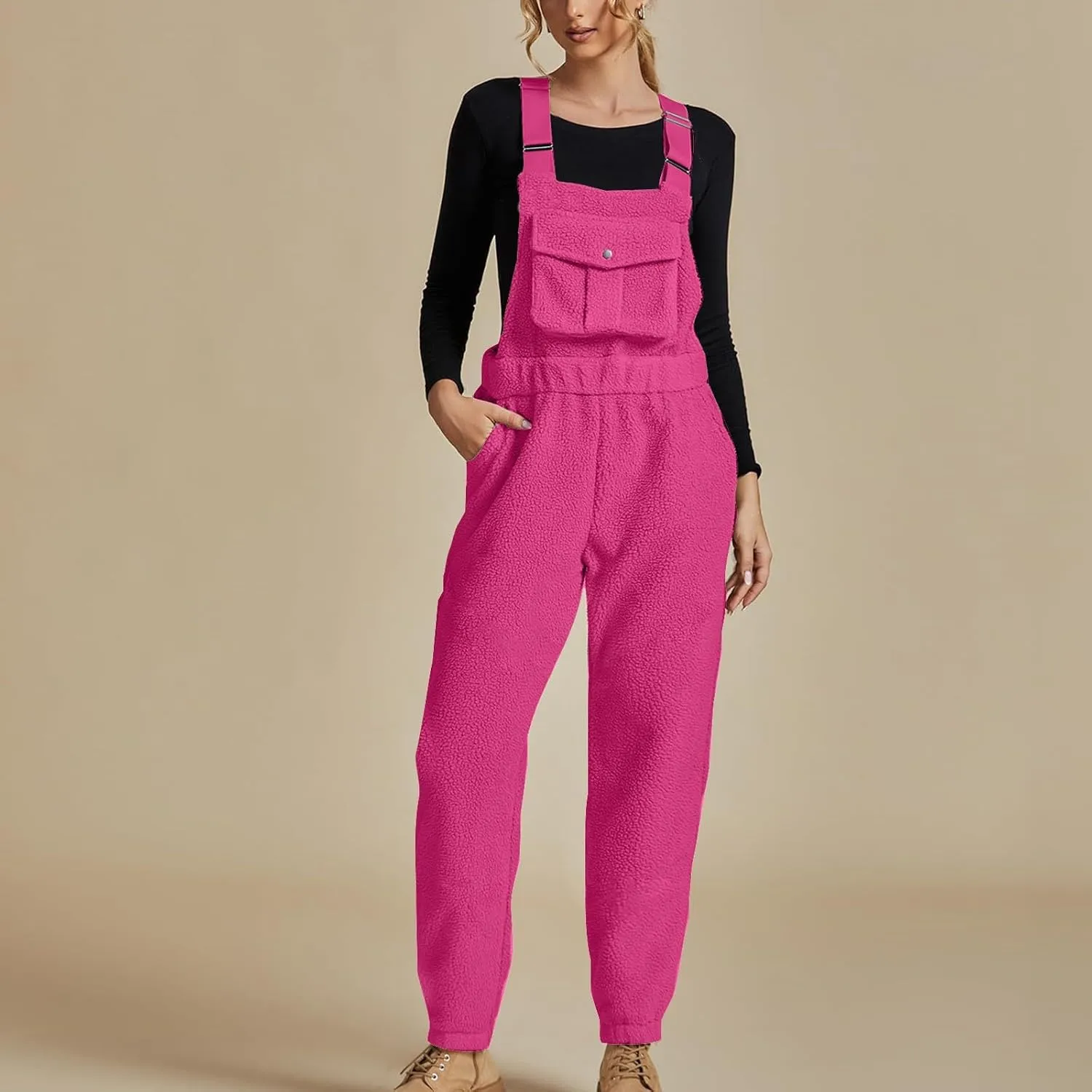 Women's Fleece Warm Overalls, Winter Teddy Sleeveless Jumpsuit, Loose Casual Warm Fuzzy Bib Lounge Pant with Pockets