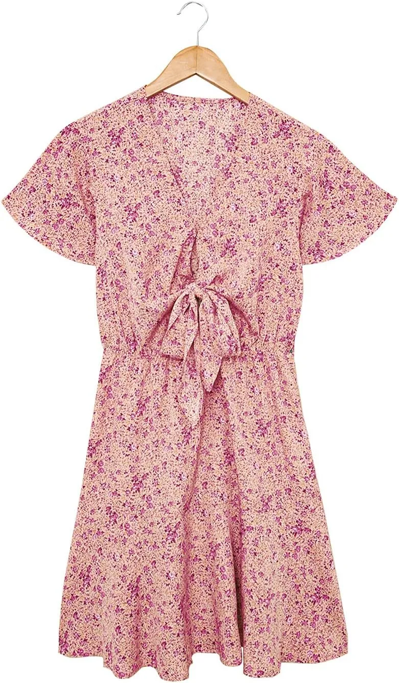 Women's Floral Tie Front Ruffle Mini Dress V Neck Short Sleeve A Line Summer Dresses