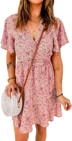 Women's Floral Tie Front Ruffle Mini Dress V Neck Short Sleeve A Line Summer Dresses