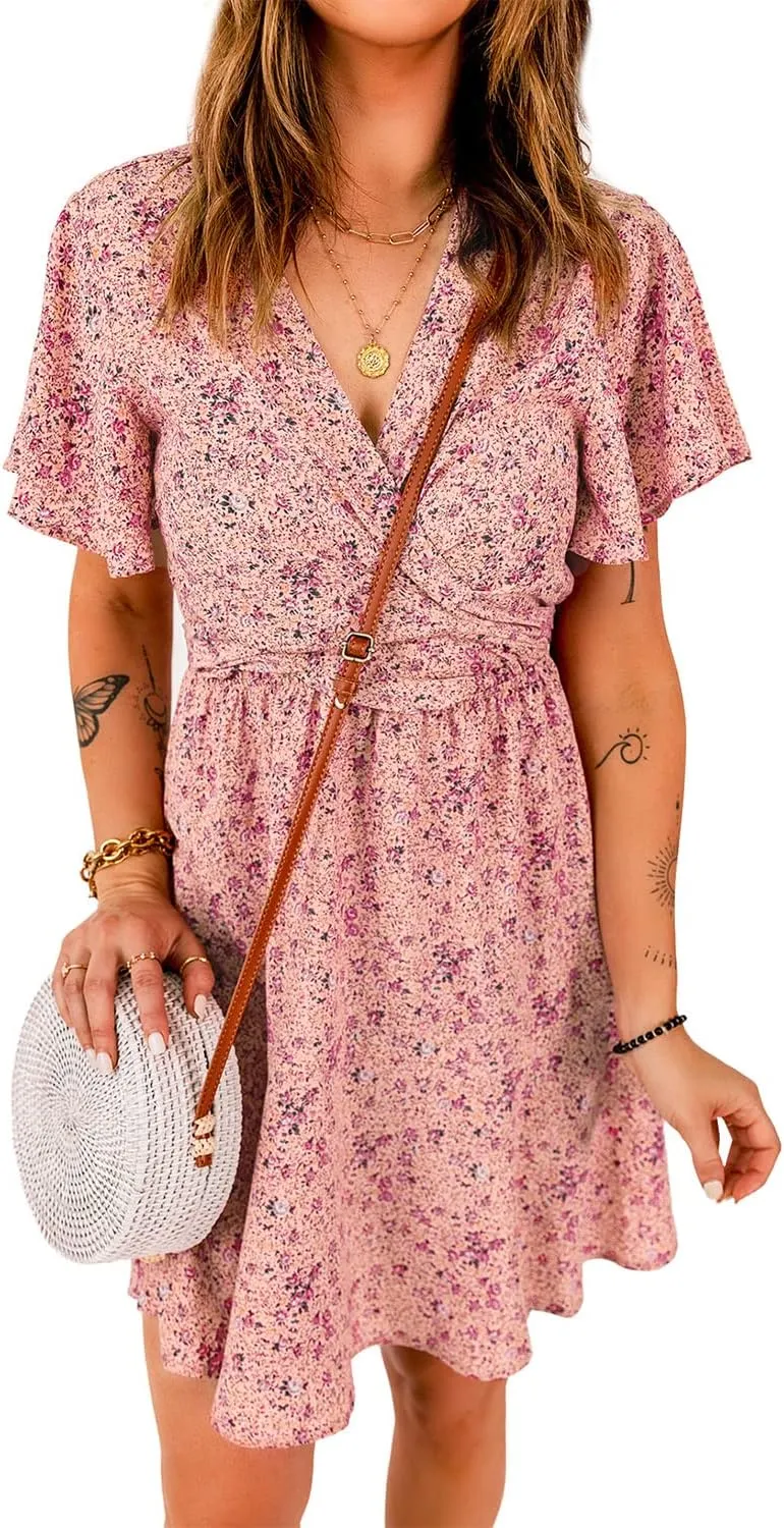 Women's Floral Tie Front Ruffle Mini Dress V Neck Short Sleeve A Line Summer Dresses