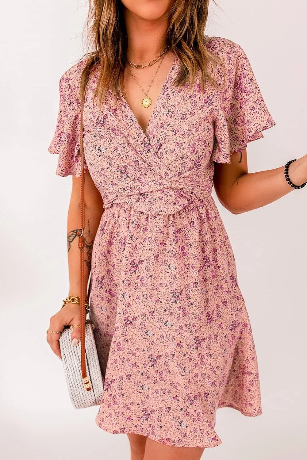 Women's Floral Tie Front Ruffle Mini Dress V Neck Short Sleeve A Line Summer Dresses