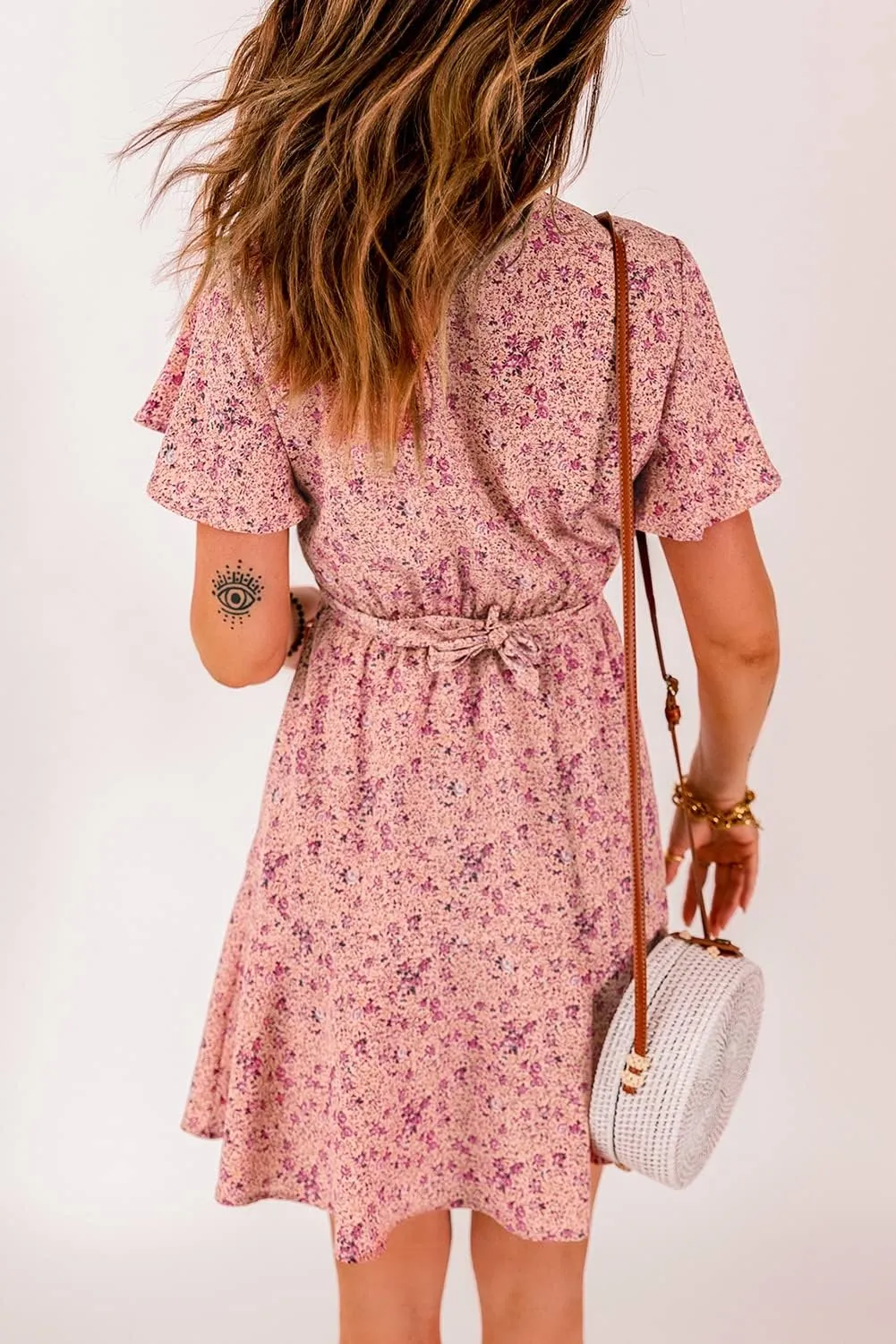 Women's Floral Tie Front Ruffle Mini Dress V Neck Short Sleeve A Line Summer Dresses