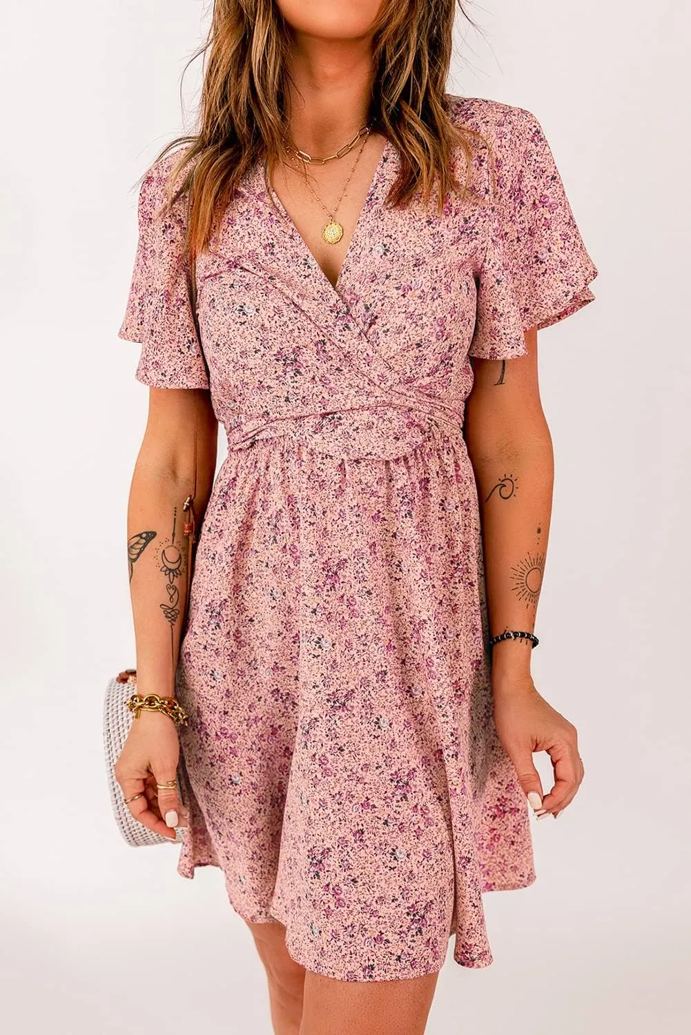 Women's Floral Tie Front Ruffle Mini Dress V Neck Short Sleeve A Line Summer Dresses