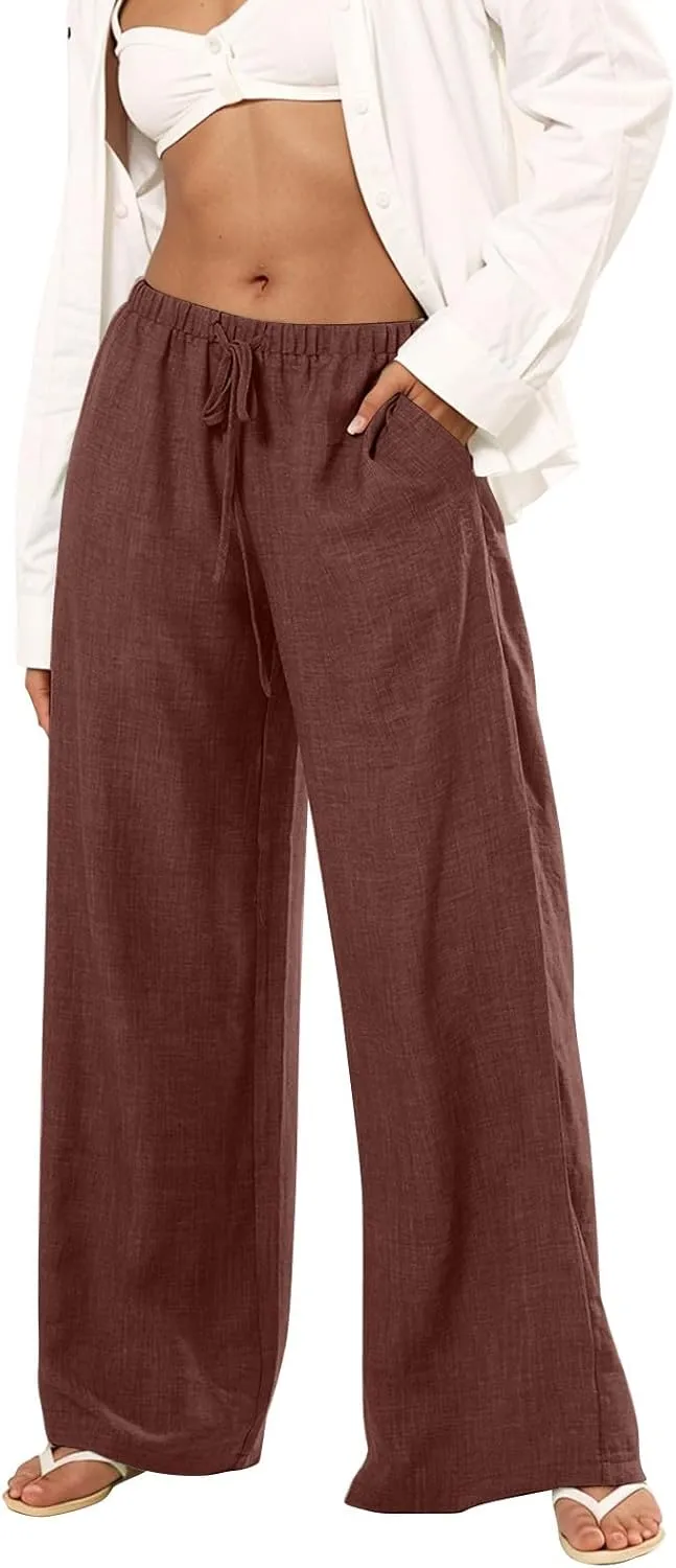Women's Flowy Wide Leg Linen Pants Casual Beach Pants Elastic Waisted Drawstring Palazzo Trousers with Pockets