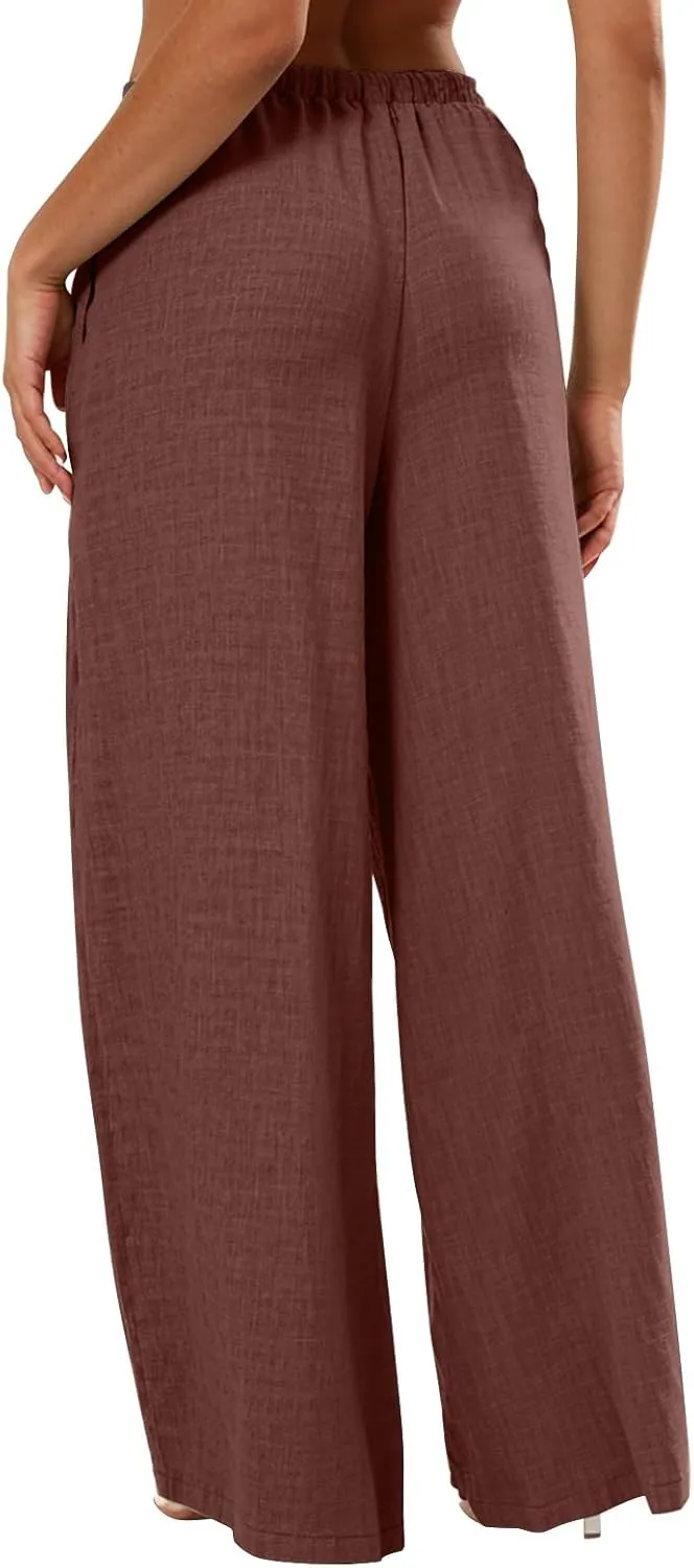 Women's Flowy Wide Leg Linen Pants Casual Beach Pants Elastic Waisted Drawstring Palazzo Trousers with Pockets
