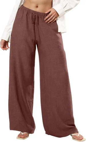 Women's Flowy Wide Leg Linen Pants Casual Beach Pants Elastic Waisted Drawstring Palazzo Trousers with Pockets