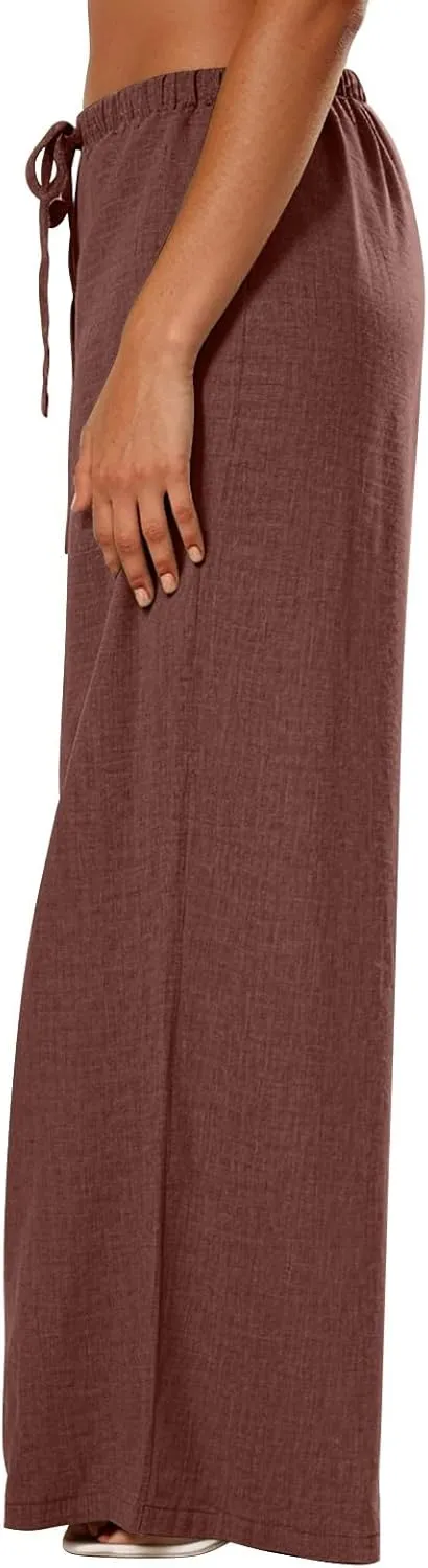 Women's Flowy Wide Leg Linen Pants Casual Beach Pants Elastic Waisted Drawstring Palazzo Trousers with Pockets