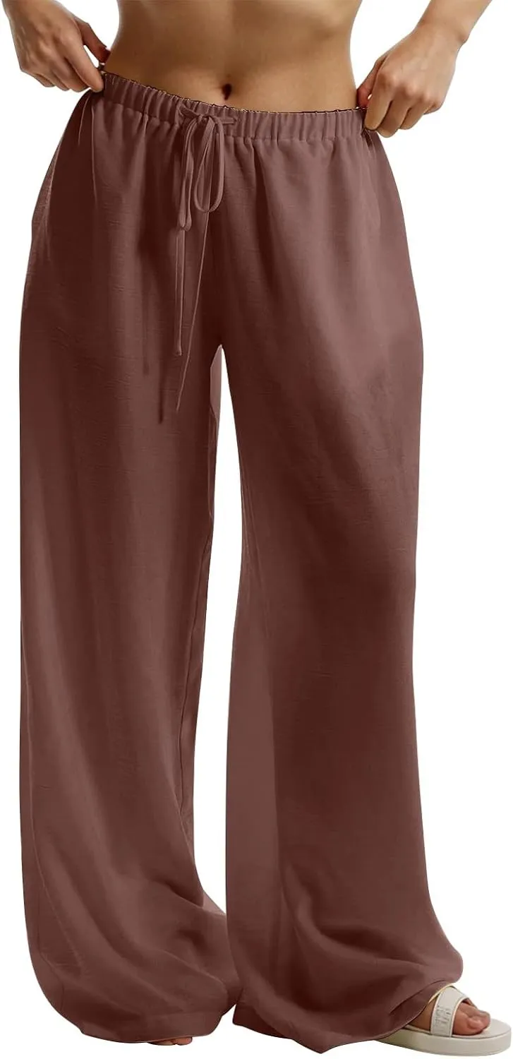 Women's Flowy Wide Leg Linen Pants Casual Beach Pants Elastic Waisted Drawstring Palazzo Trousers with Pockets