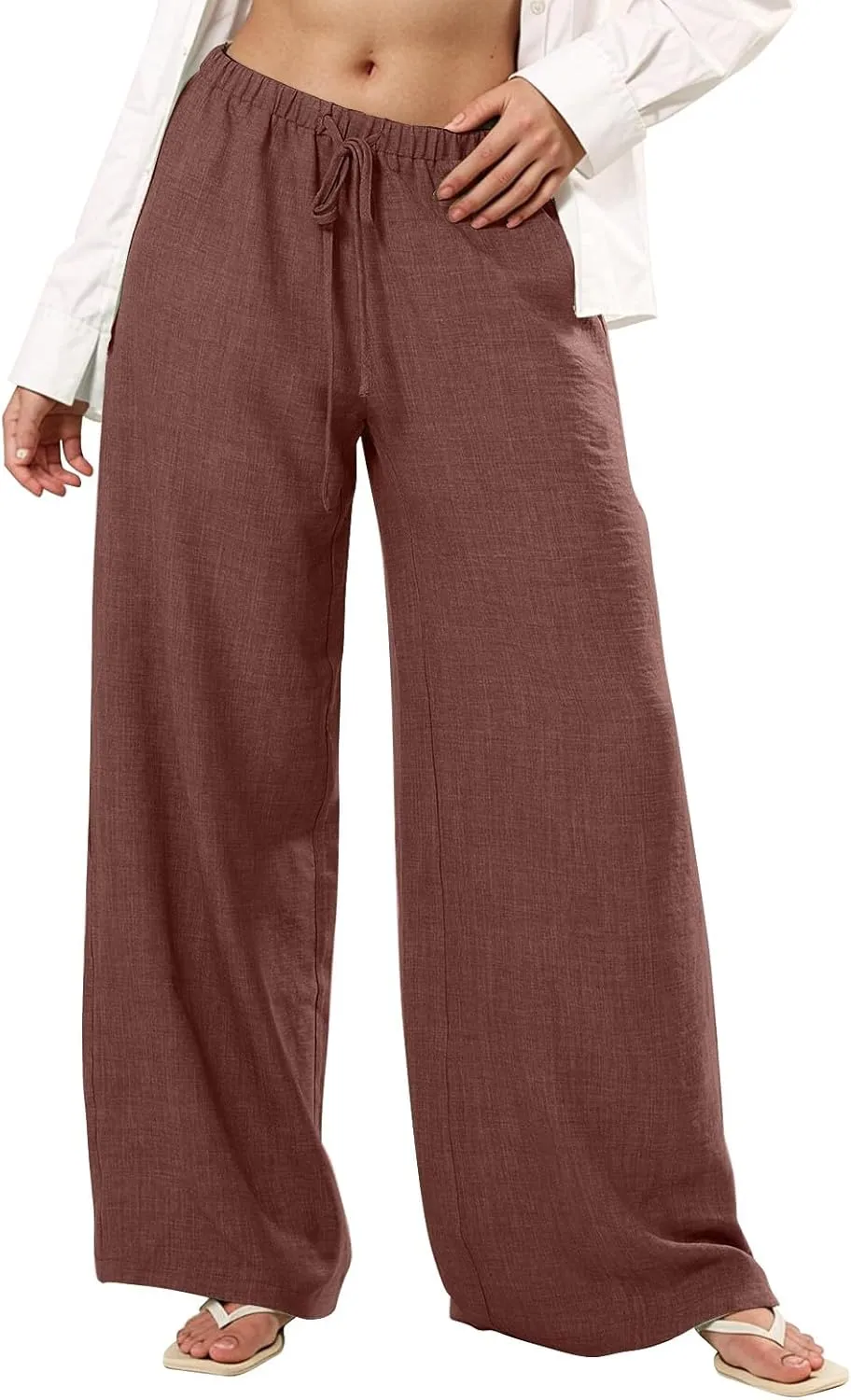 Women's Flowy Wide Leg Linen Pants Casual Beach Pants Elastic Waisted Drawstring Palazzo Trousers with Pockets