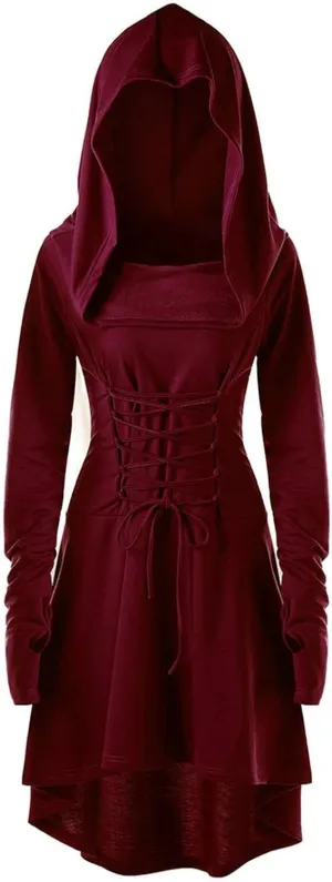 Women's Gothic Top Plus Size Knitted Halloween Vampires Witch Cloak Long Sleeve Sweatshirts Hoodies High Low Hem Dress