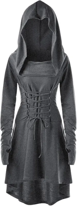 Women's Gothic Top Plus Size Knitted Halloween Vampires Witch Cloak Long Sleeve Sweatshirts Hoodies High Low Hem Dress