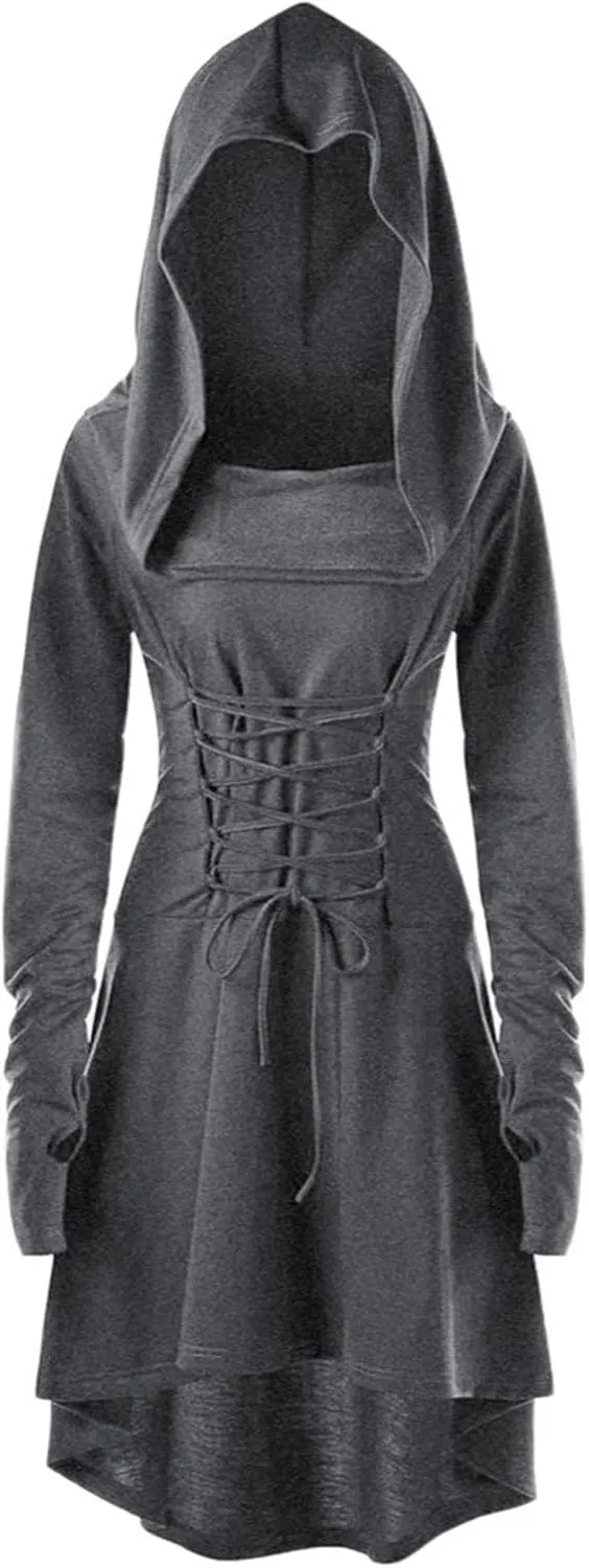 Women's Gothic Top Plus Size Knitted Halloween Vampires Witch Cloak Long Sleeve Sweatshirts Hoodies High Low Hem Dress