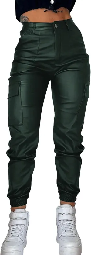 Womens Hight Waisted Stretch Faux Leather Pants PU Coated Moto Biker Legging Baggy Jogger Cargo Pants with Pockets