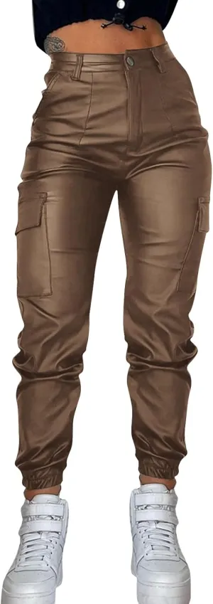 Womens Hight Waisted Stretch Faux Leather Pants PU Coated Moto Biker Legging Baggy Jogger Cargo Pants with Pockets