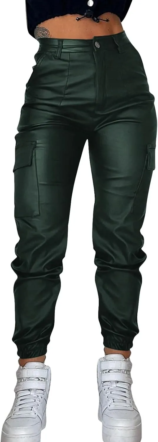 Womens Hight Waisted Stretch Faux Leather Pants PU Coated Moto Biker Legging Baggy Jogger Cargo Pants with Pockets