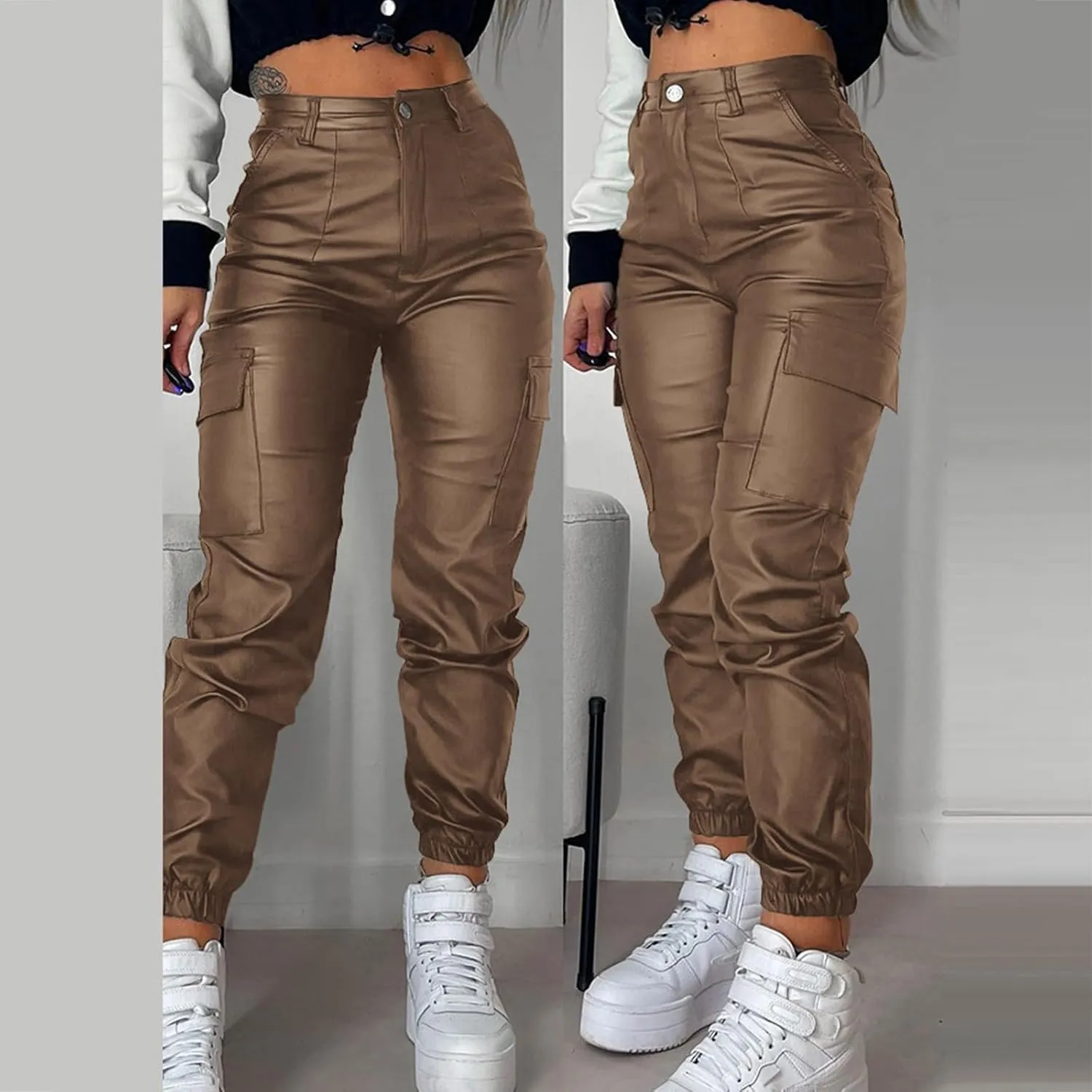 Womens Hight Waisted Stretch Faux Leather Pants PU Coated Moto Biker Legging Baggy Jogger Cargo Pants with Pockets