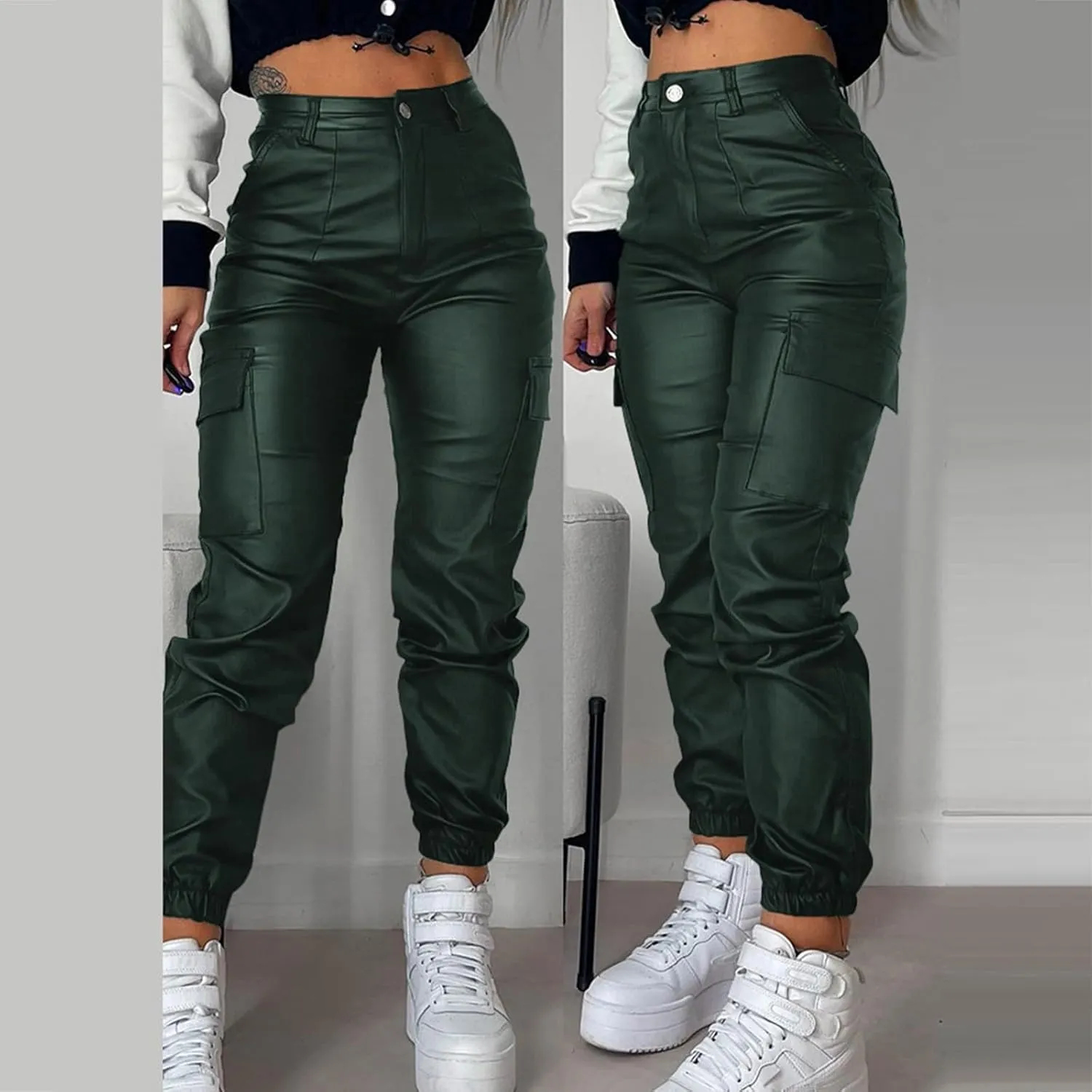 Womens Hight Waisted Stretch Faux Leather Pants PU Coated Moto Biker Legging Baggy Jogger Cargo Pants with Pockets