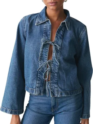 Womens Jean Jacket Tie Front Denim Jacket Lapel Neck Solid Color Long Sleeve Casual Crop Jean Shirts Fall Coat