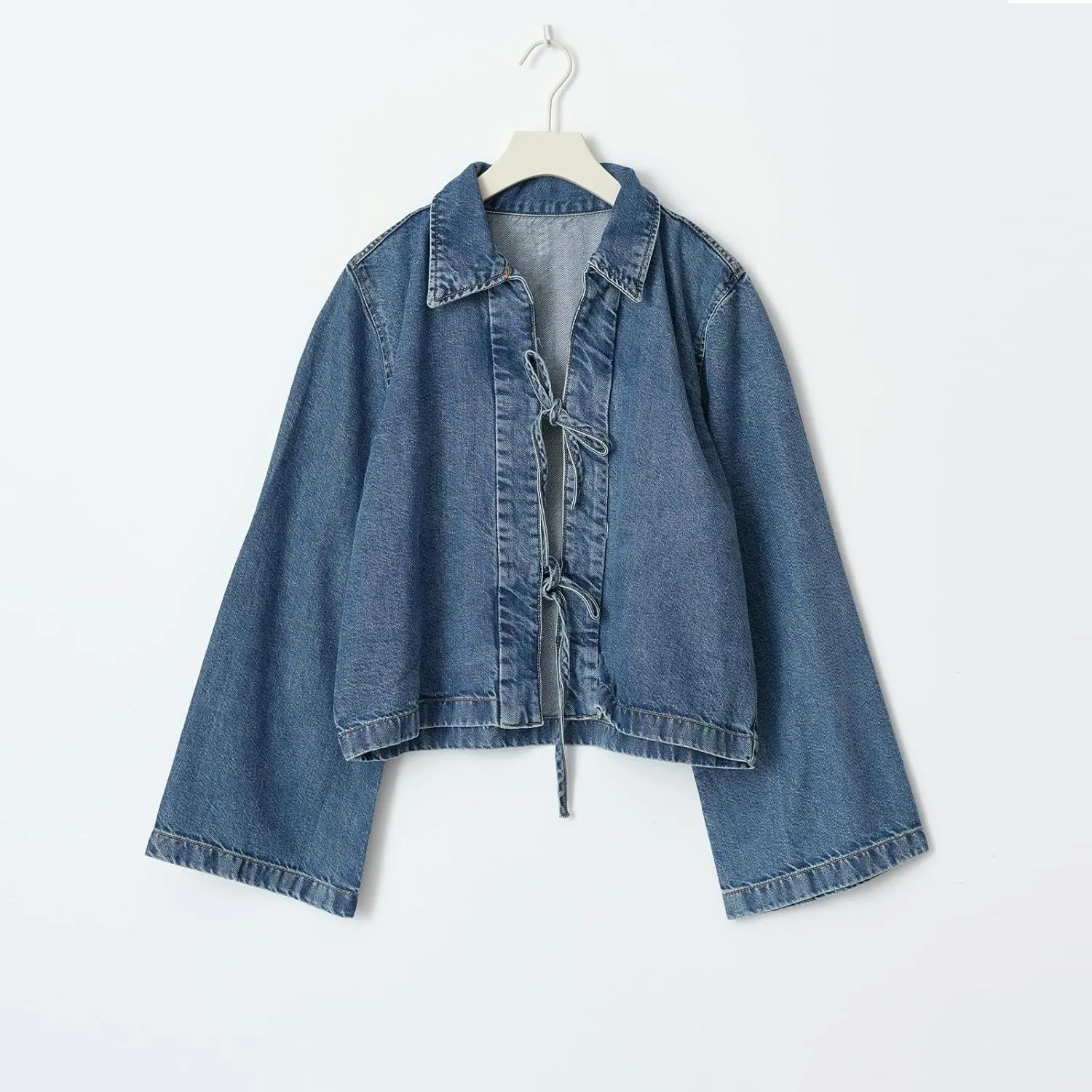 Womens Jean Jacket Tie Front Denim Jacket Lapel Neck Solid Color Long Sleeve Casual Crop Jean Shirts Fall Coat