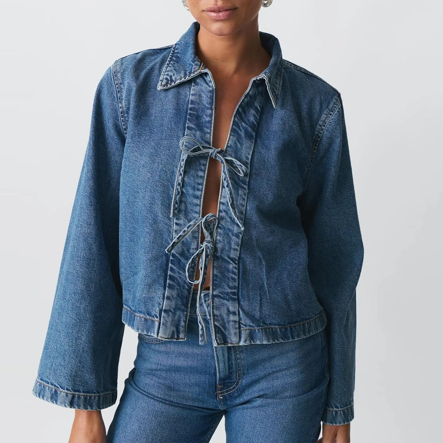 Womens Jean Jacket Tie Front Denim Jacket Lapel Neck Solid Color Long Sleeve Casual Crop Jean Shirts Fall Coat