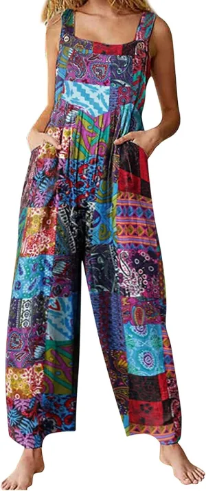 Womens Jumpsuit Suspender Wide Leg Overall Loose Bib Overalls Summer Boho Baggy Jumpsuits Wide Legged Harem Pants