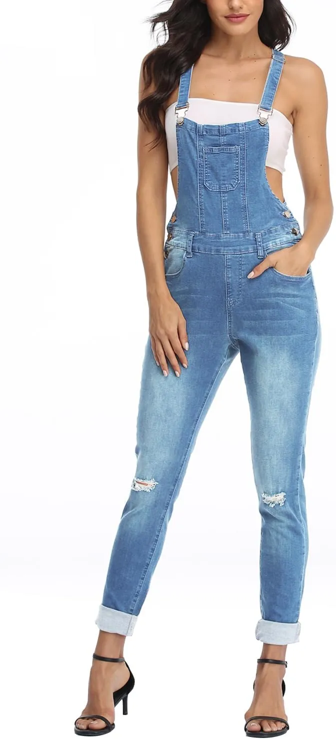 Women's Juniors Denim Stretch Overalls Adjustable Strap Ripped Distressed Jumpsuit Skinny Fit Jeans Pants