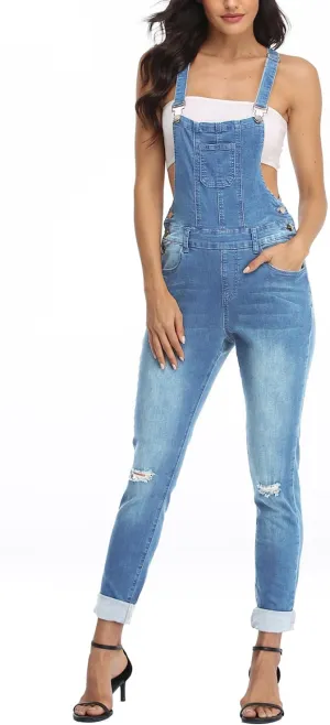 Women's Juniors Denim Stretch Overalls Adjustable Strap Ripped Distressed Jumpsuit Skinny Fit Jeans Pants