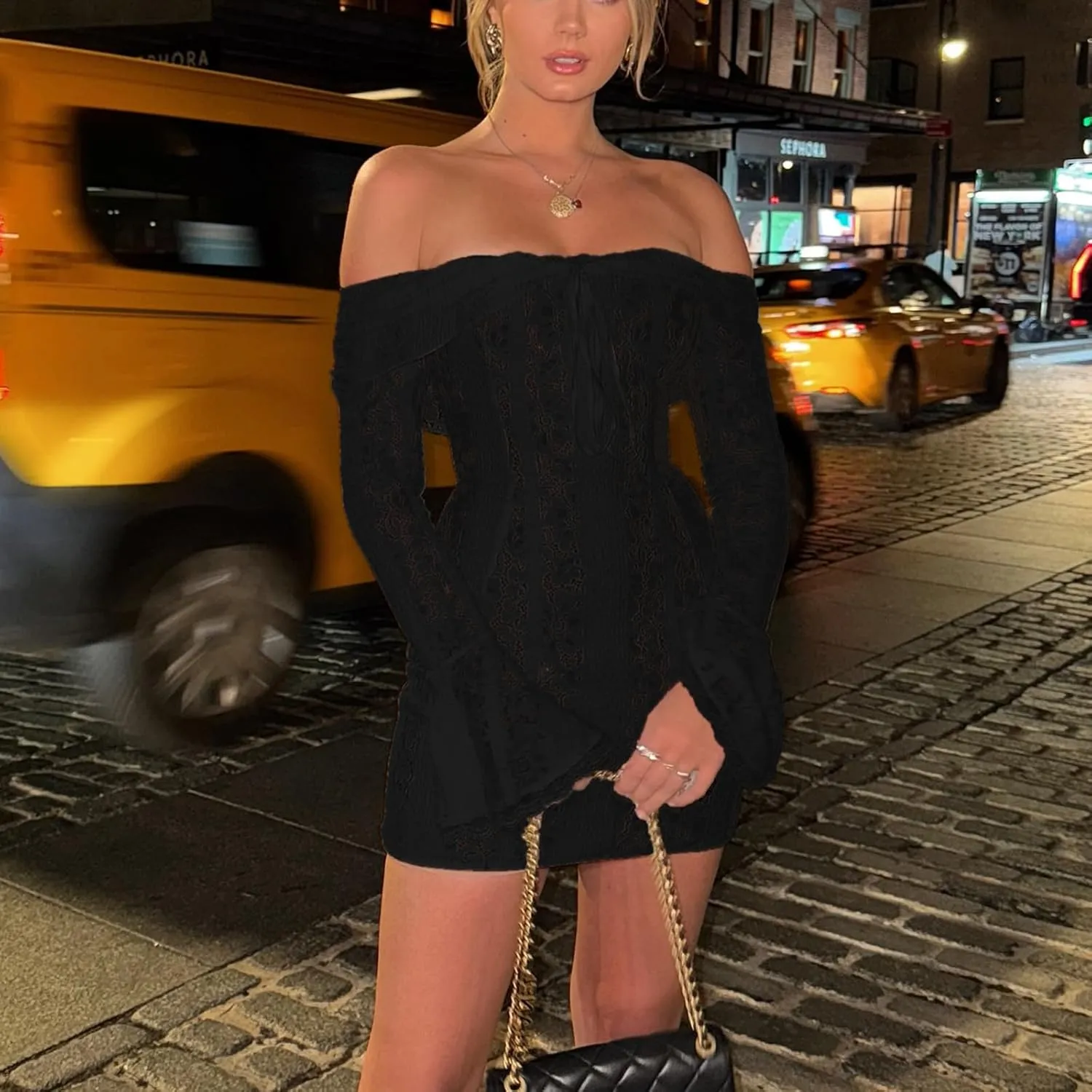 Womens Lace Floral Mini Dress y2k Off Shoulder Long Sleeve Ruffle Short Ruffles Hem Casual Bodycon Night Out Dress