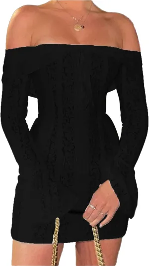 Womens Lace Floral Mini Dress y2k Off Shoulder Long Sleeve Ruffle Short Ruffles Hem Casual Bodycon Night Out Dress