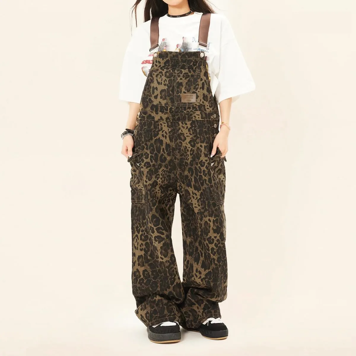 Women's Leopard Print Overalls Street Retro Leopard Print Work Pants Women's Loose Casual Overalls Jumpsuit