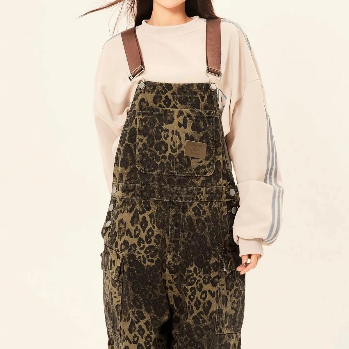 Women's Leopard Print Overalls Street Retro Leopard Print Work Pants Women's Loose Casual Overalls Jumpsuit