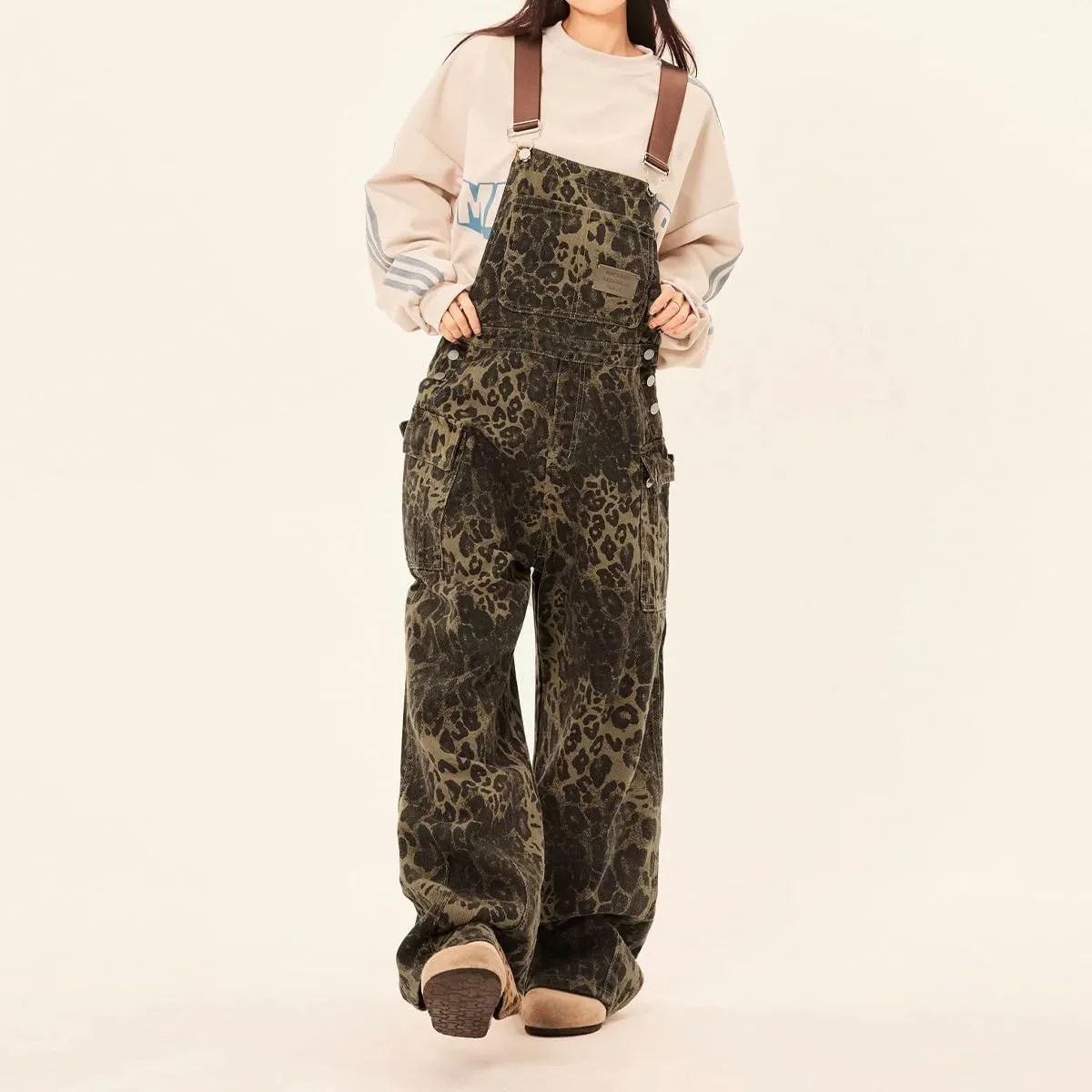 Women's Leopard Print Overalls Street Retro Leopard Print Work Pants Women's Loose Casual Overalls Jumpsuit
