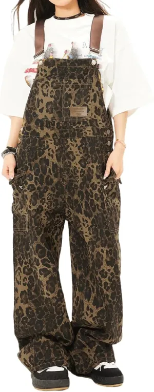Women's Leopard Print Overalls Street Retro Leopard Print Work Pants Women's Loose Casual Overalls Jumpsuit