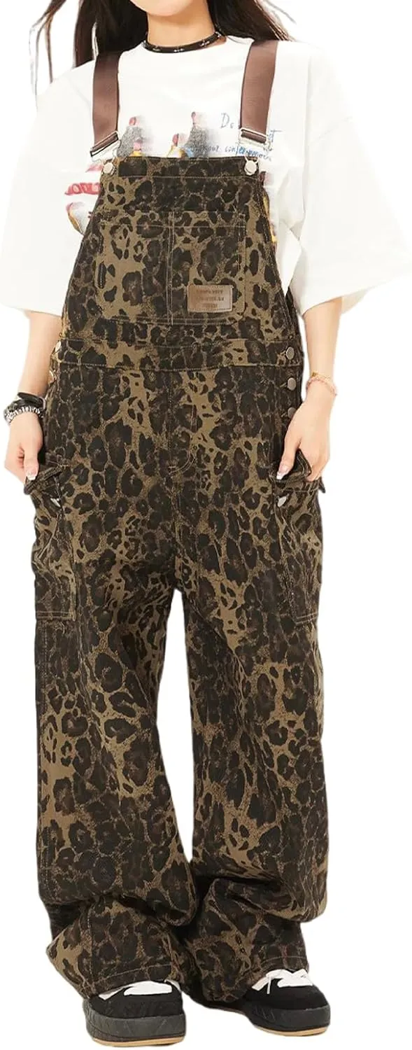 Women's Leopard Print Overalls Street Retro Leopard Print Work Pants Women's Loose Casual Overalls Jumpsuit