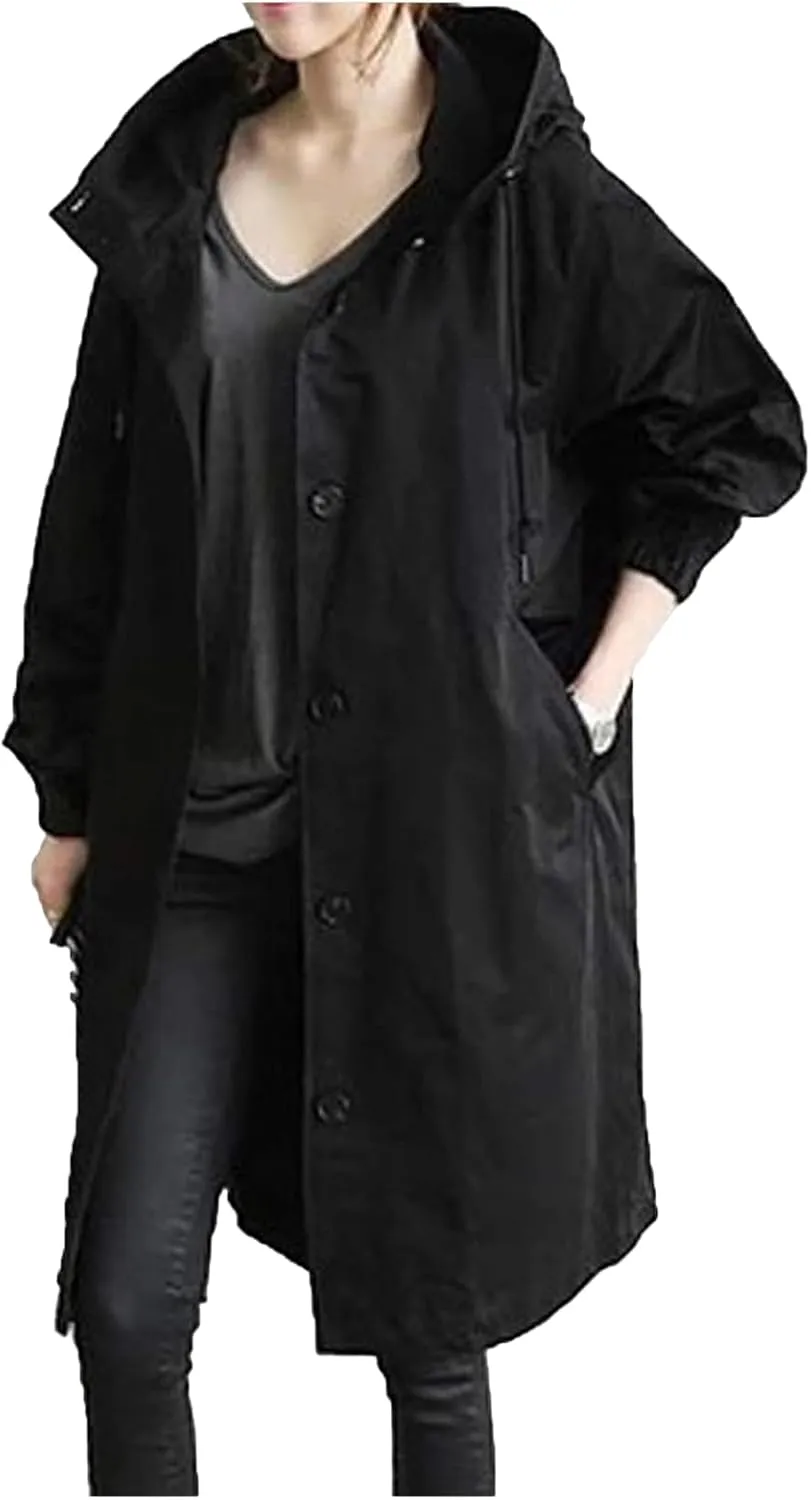 Womens Lightweight Hooded Jacket Oversized Button Down Coats Fall Winter Long Sleeve Trench Coat Peacoat