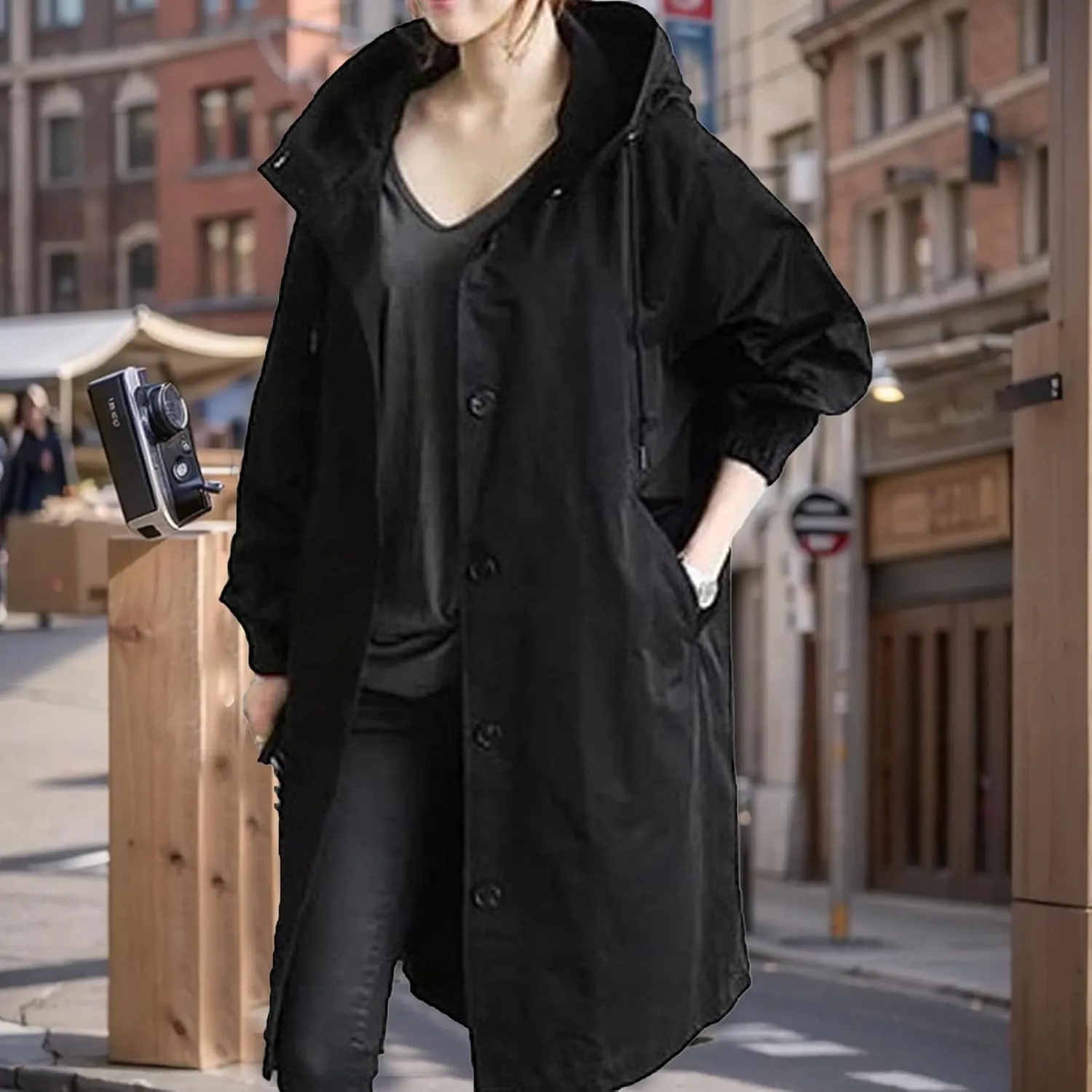 Womens Lightweight Hooded Jacket Oversized Button Down Coats Fall Winter Long Sleeve Trench Coat Peacoat