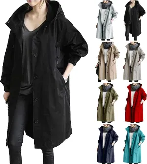 Womens Lightweight Hooded Jacket Oversized Button Down Coats Fall Winter Long Sleeve Trench Coat Peacoat