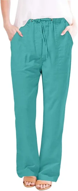 Womens Linen Cargo Pants Summer Elastic High Waist Pant Drawstring Harem Lounge Pant Plus Size Trousers with Pockets