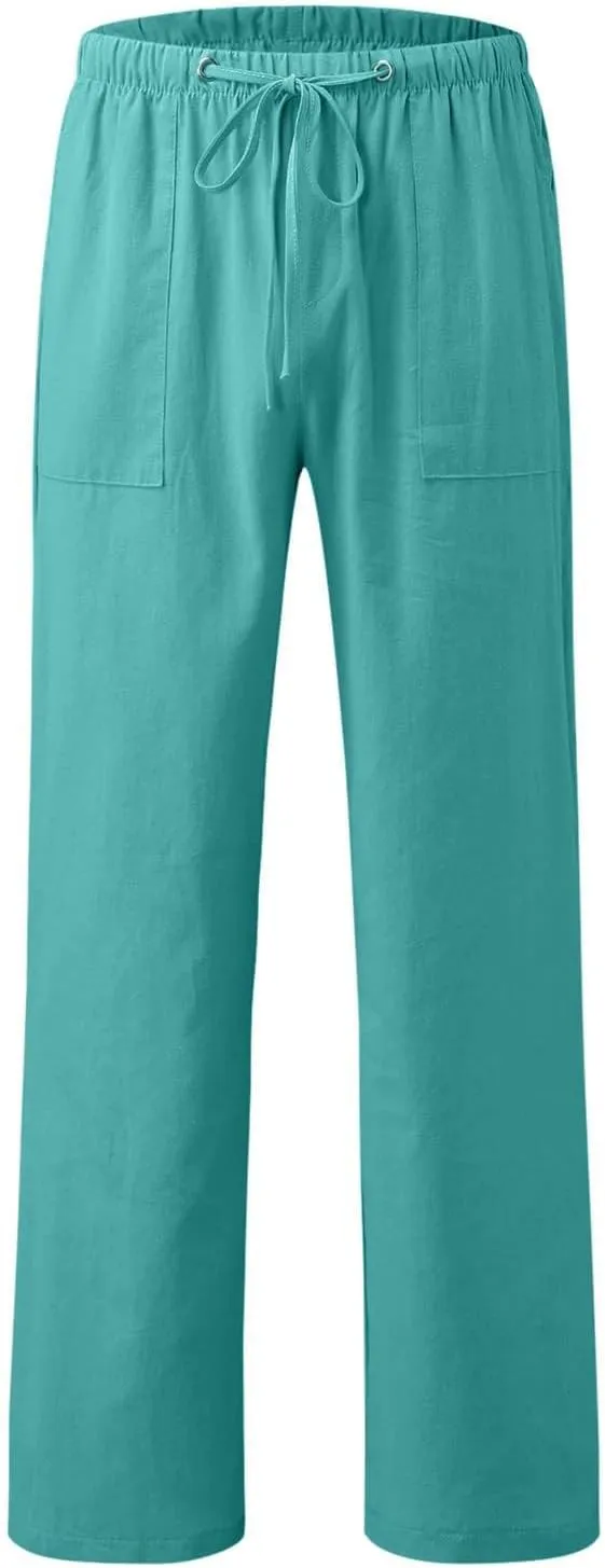 Womens Linen Cargo Pants Summer Elastic High Waist Pant Drawstring Harem Lounge Pant Plus Size Trousers with Pockets