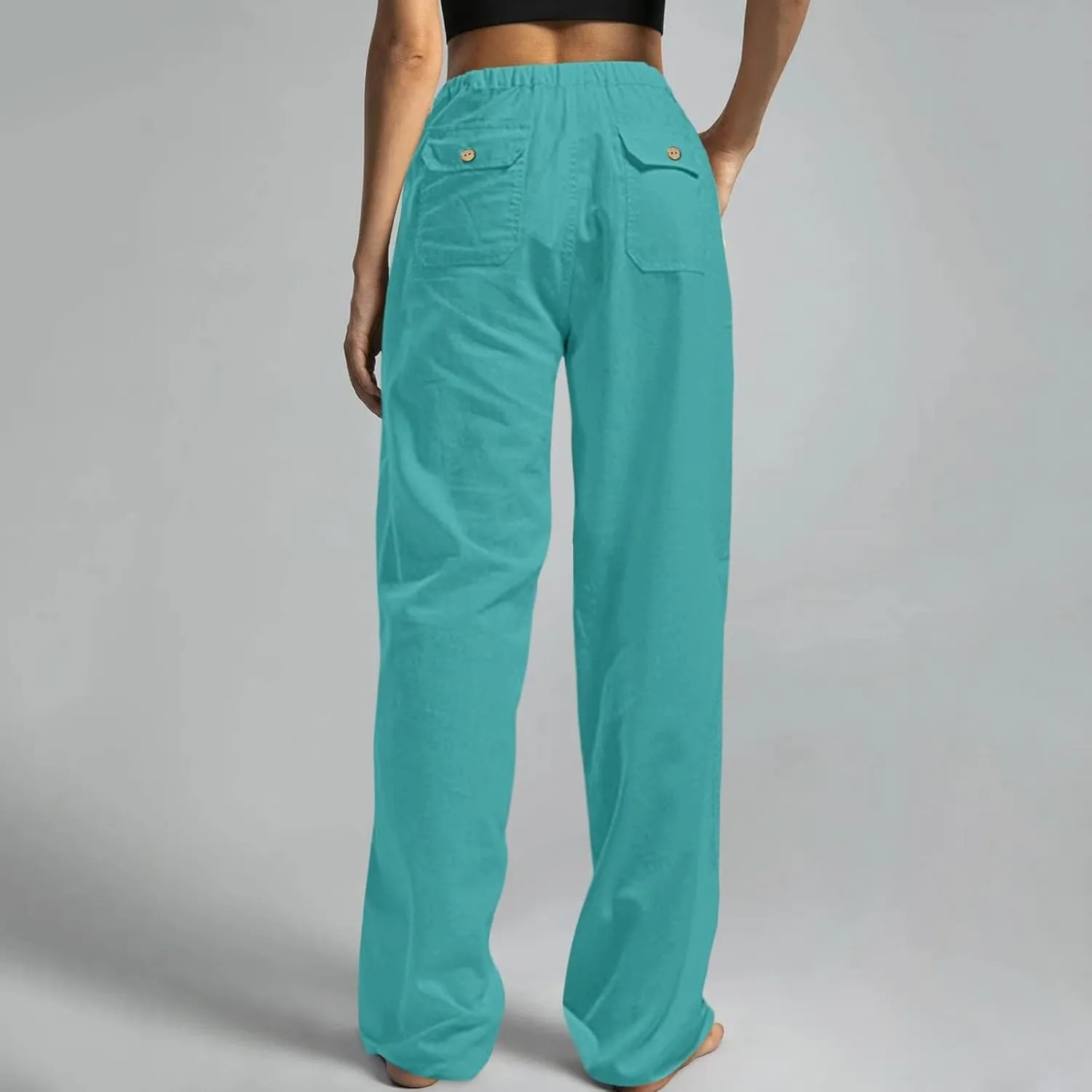 Womens Linen Cargo Pants Summer Elastic High Waist Pant Drawstring Harem Lounge Pant Plus Size Trousers with Pockets